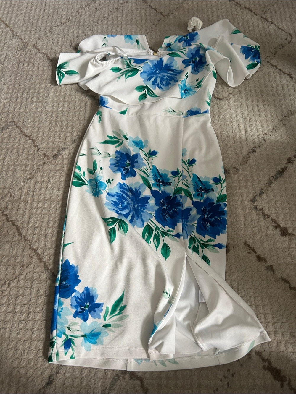Rebecca Beeson White One-Shoulder Dress with Blue & Green Floral Print